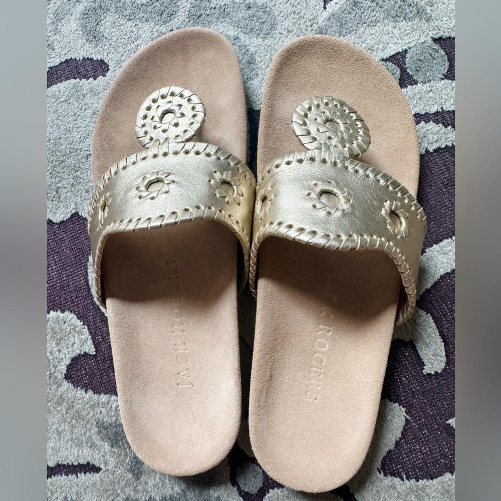 Jack Rogers Gold Slide Sandals with Intricate Patterns
